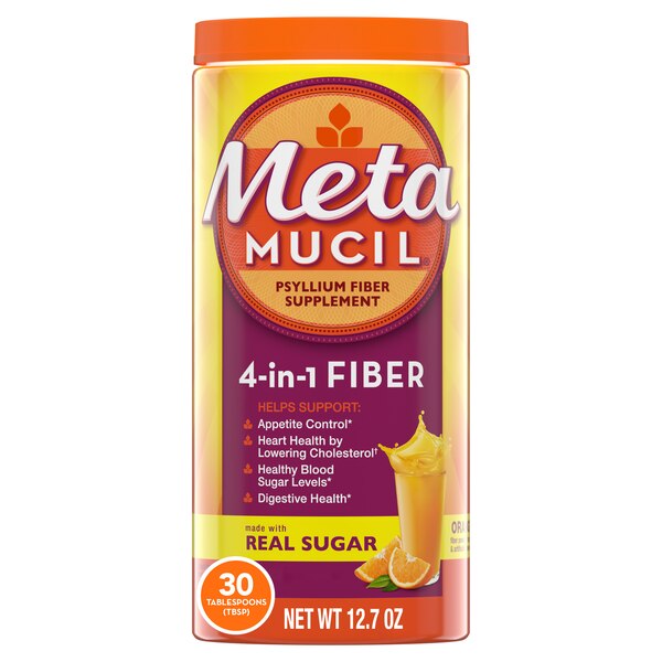 Front label of Metamucil 12.7 oz orange fiber supplement with real sugar