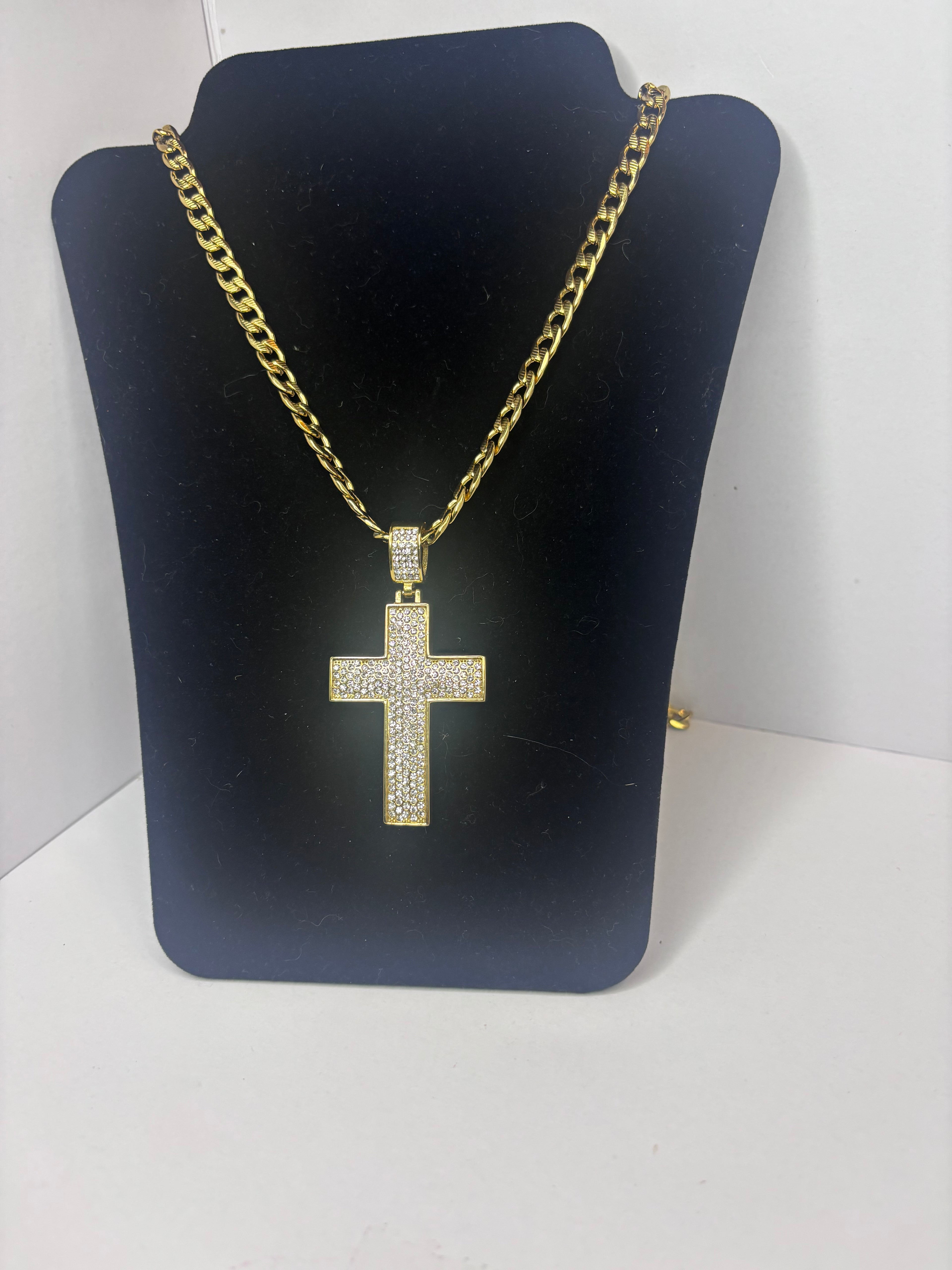 30 inch stainless steel gold-plated 7mm Miami Cuban chain with an iced-out cubic zirconia cross pendant