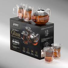 James Bentley Glass Coffee and Tea Gift Set features a 1200ml borosilicate teapot and four 300ml double-wall insulated glasses.