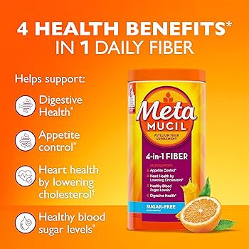 Metamucil orange fiber supplement highlighting four health benefits