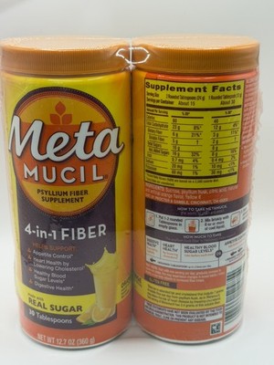 Two-pack Metamucil 12.7 oz orange fiber supplement with supplement facts visible
