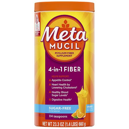 Front of Metamucil sugar-free orange 4-in-1 fiber supplement 23.3 oz