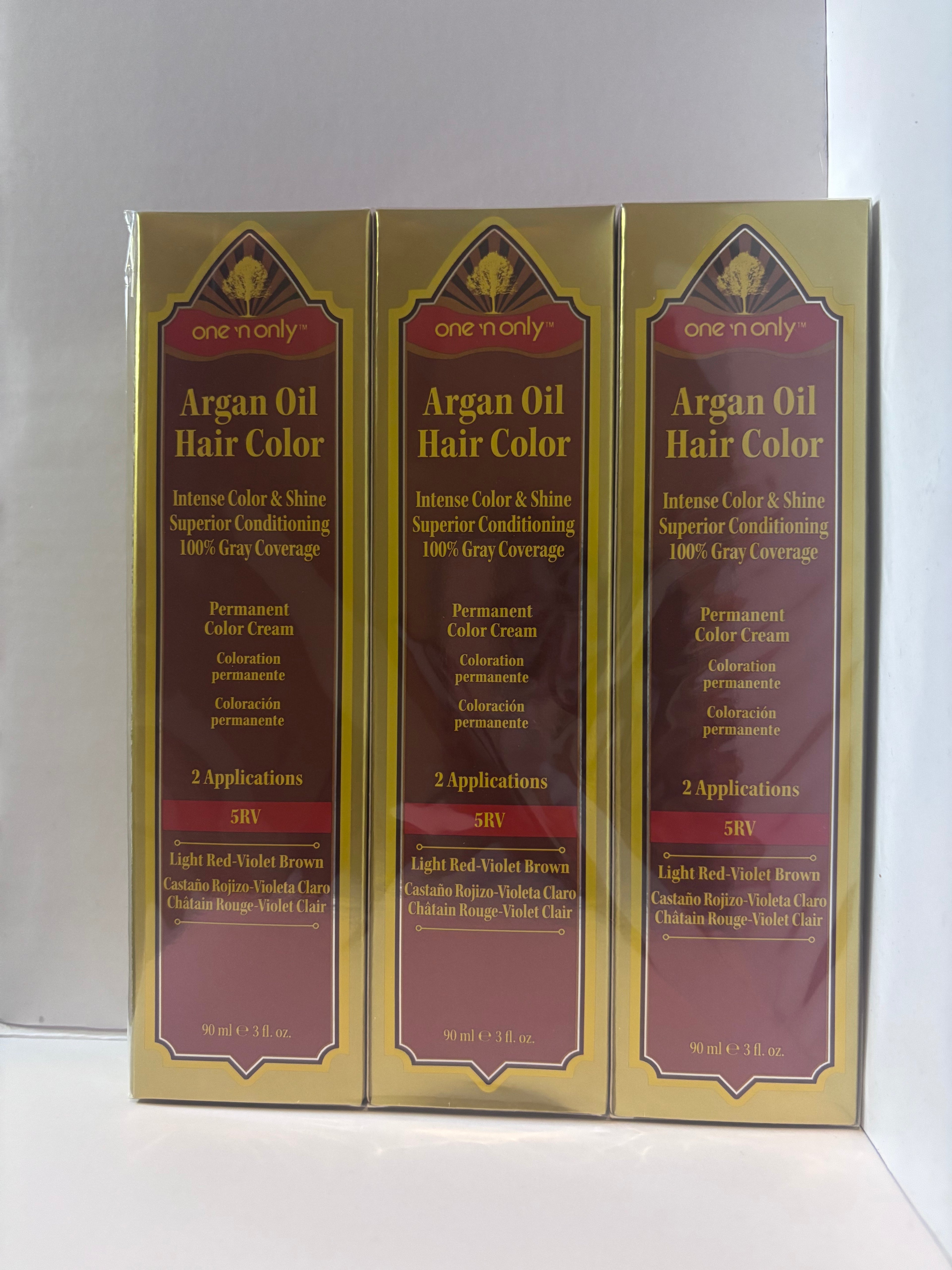 3 pack One 'n Only Argan Oil Permanent Color Cream in the shade 5RV Light Red-Violet Brown