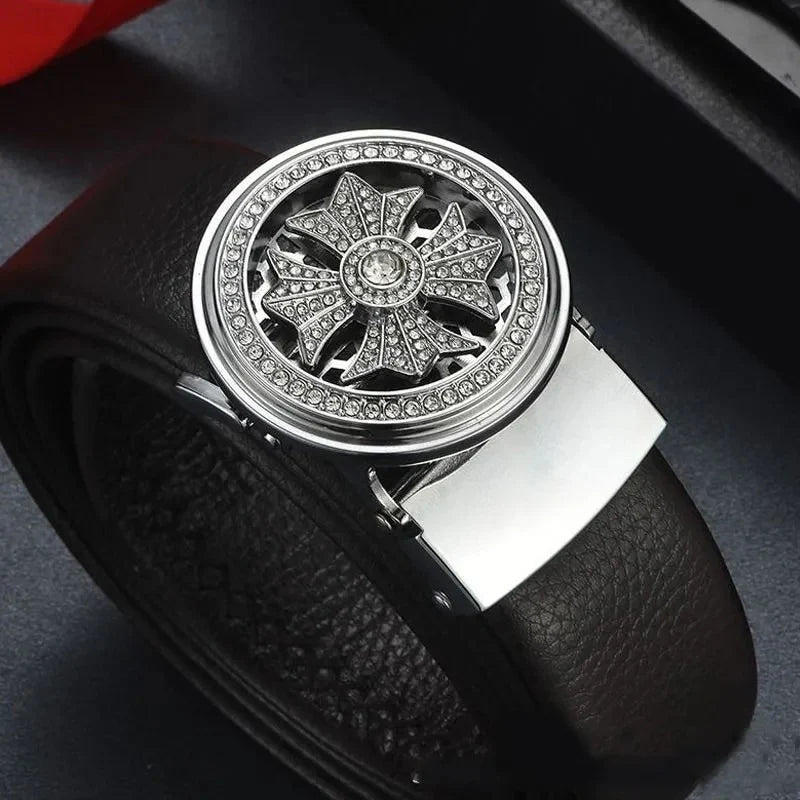 Men's Vintage Genuine Leather Automatic Buckle Belt, Elegant Groom's Wedding Fashion Accessory, Fits Up to 42 in Waist