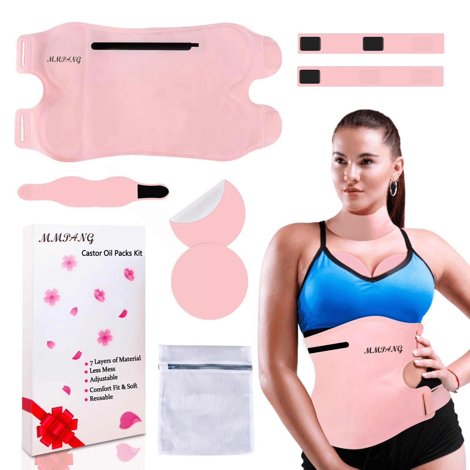 MMPANG Adjustable Organic Castor Oil Pack Wrap with Anti-Leak Design for Waist, Neck, Chest, 7 Pack (Oil Not Included)