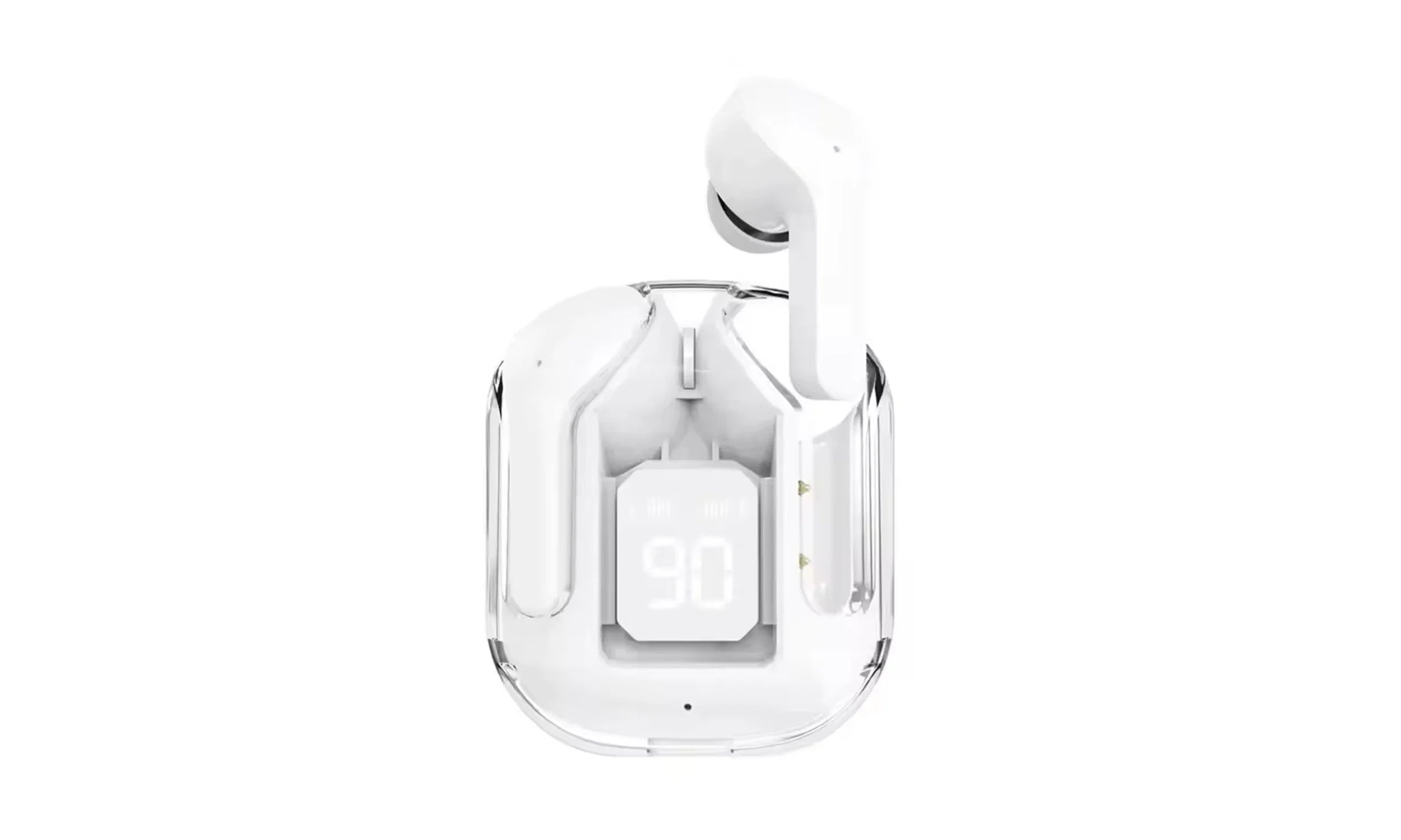 Ultrapods Max wireless earbuds featuring a transparent charging case with a digital LED battery display