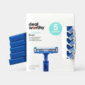 Dealworthy Twin Blade disposable men's razors in a blue 5-count pack.