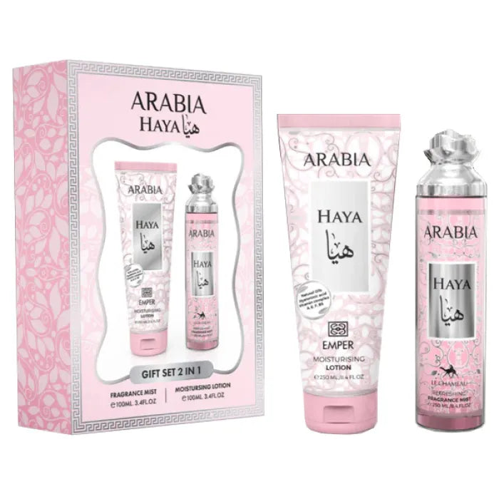 Emper Arabia Haya 2-in-1 gift set featuring a moisturising lotion and a refreshing fragrance mist