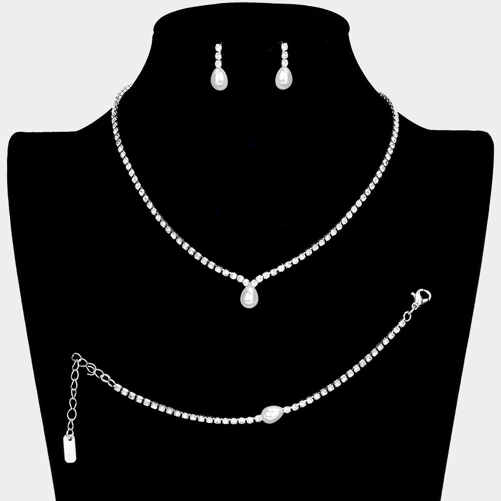 3PCS Teardrop Pearl Accented Rhinestone Necklace Jewelry Set