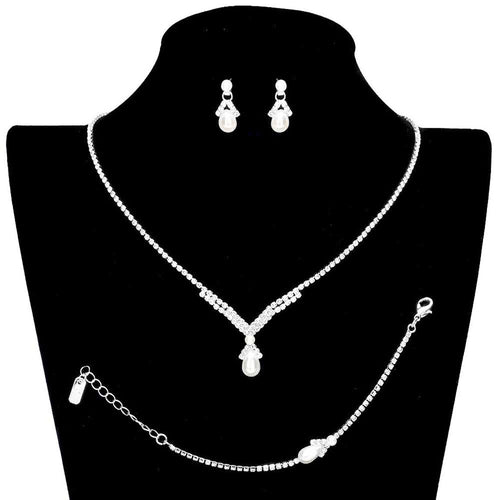 3PCS Teardrop Pearl Accented Rhinestone Necklace Jewelry Set