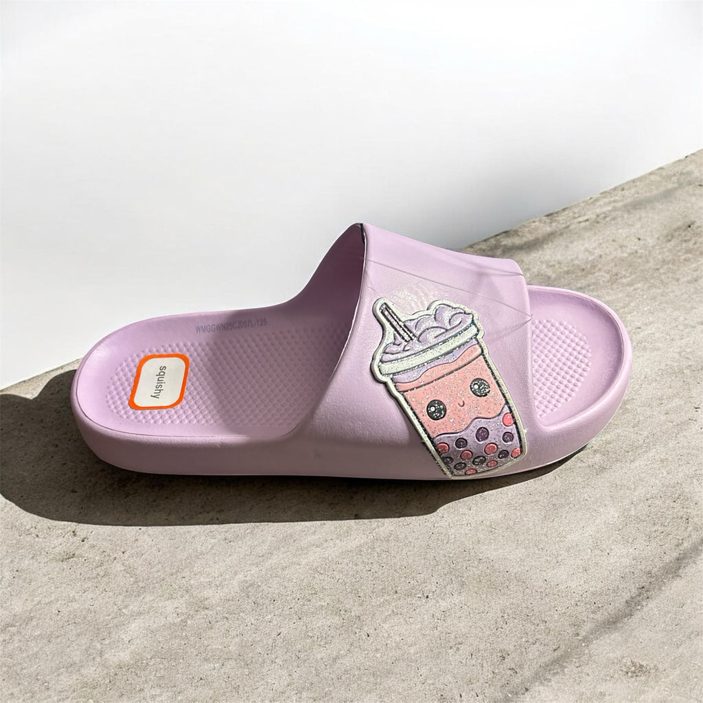 Premier Fusion by Jalinity LLC lavender slide sandals with a cute boba tea patch on a soft recycled EVA footbed.