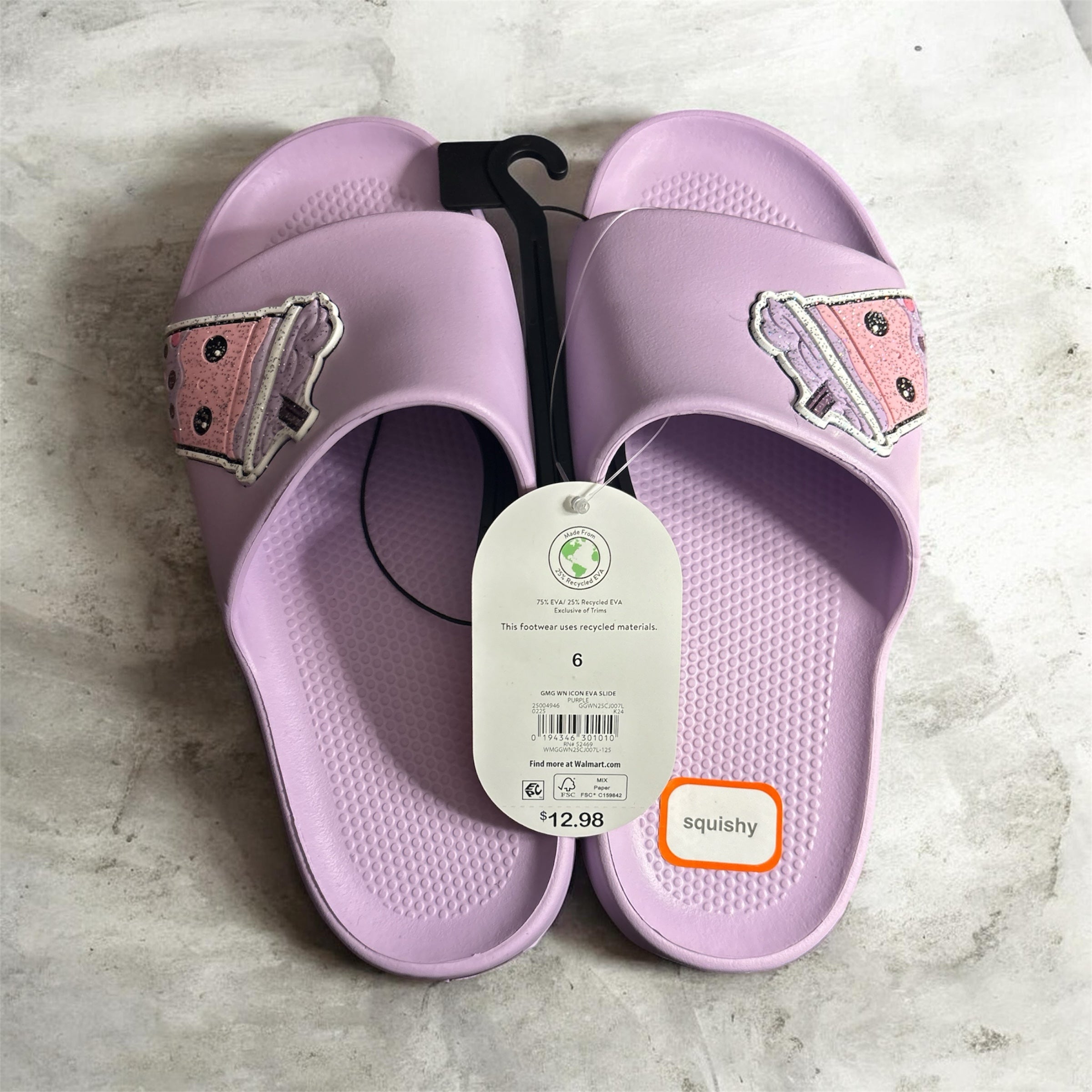Premier Fusion by Jalinity LLC lavender slide sandals with a playful boba tea patch on the recycled EVA strap.
