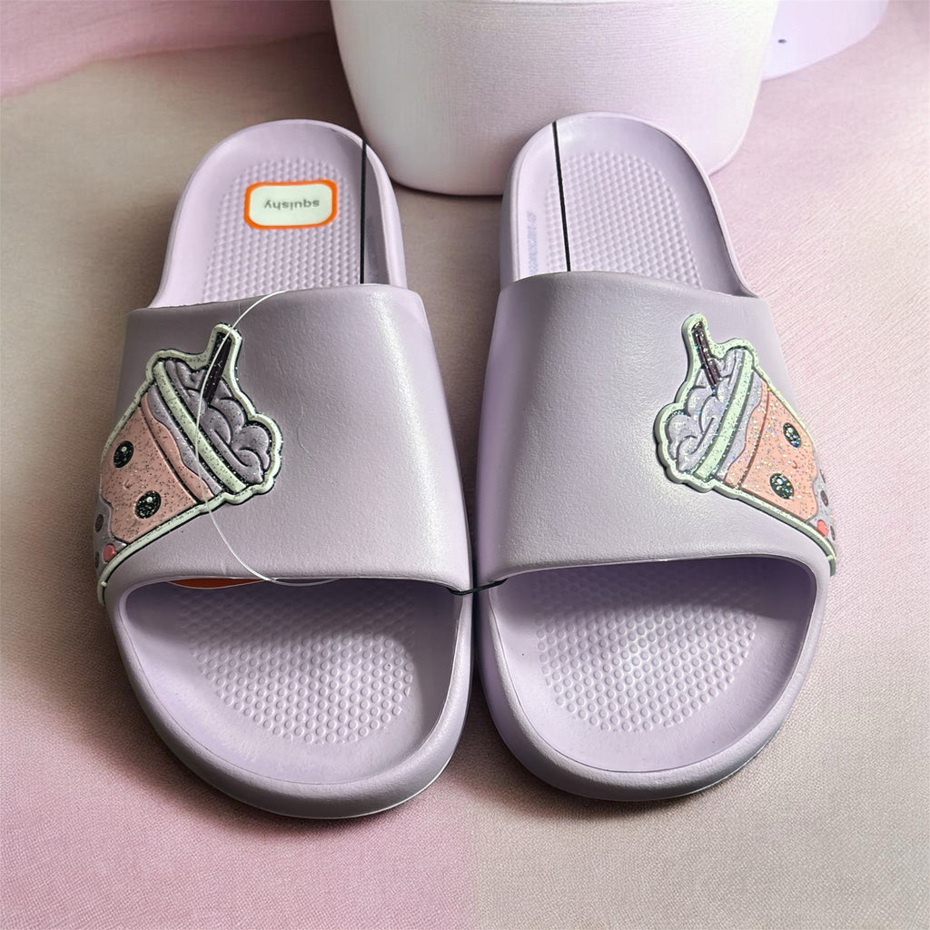 Premier Fusion by Jalinity LLC lavender slide sandals with playful boba tea patches and textured footbeds.
