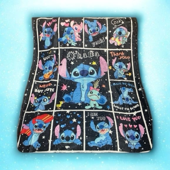 Premier Fusion by Jalinity LLC plush throw blanket featuring Stitch in various poses on a black star-patterned background