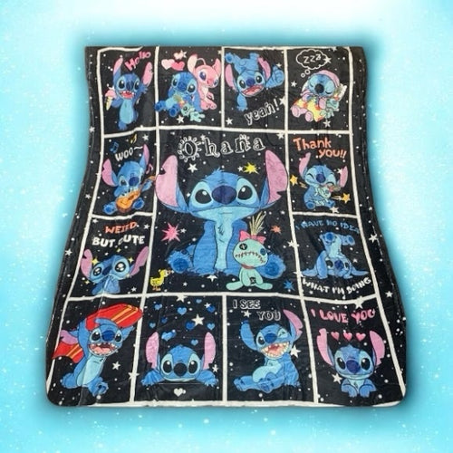 Premier Fusion by Jalinity LLC plush throw blanket featuring Stitch in various poses on a black star-patterned background