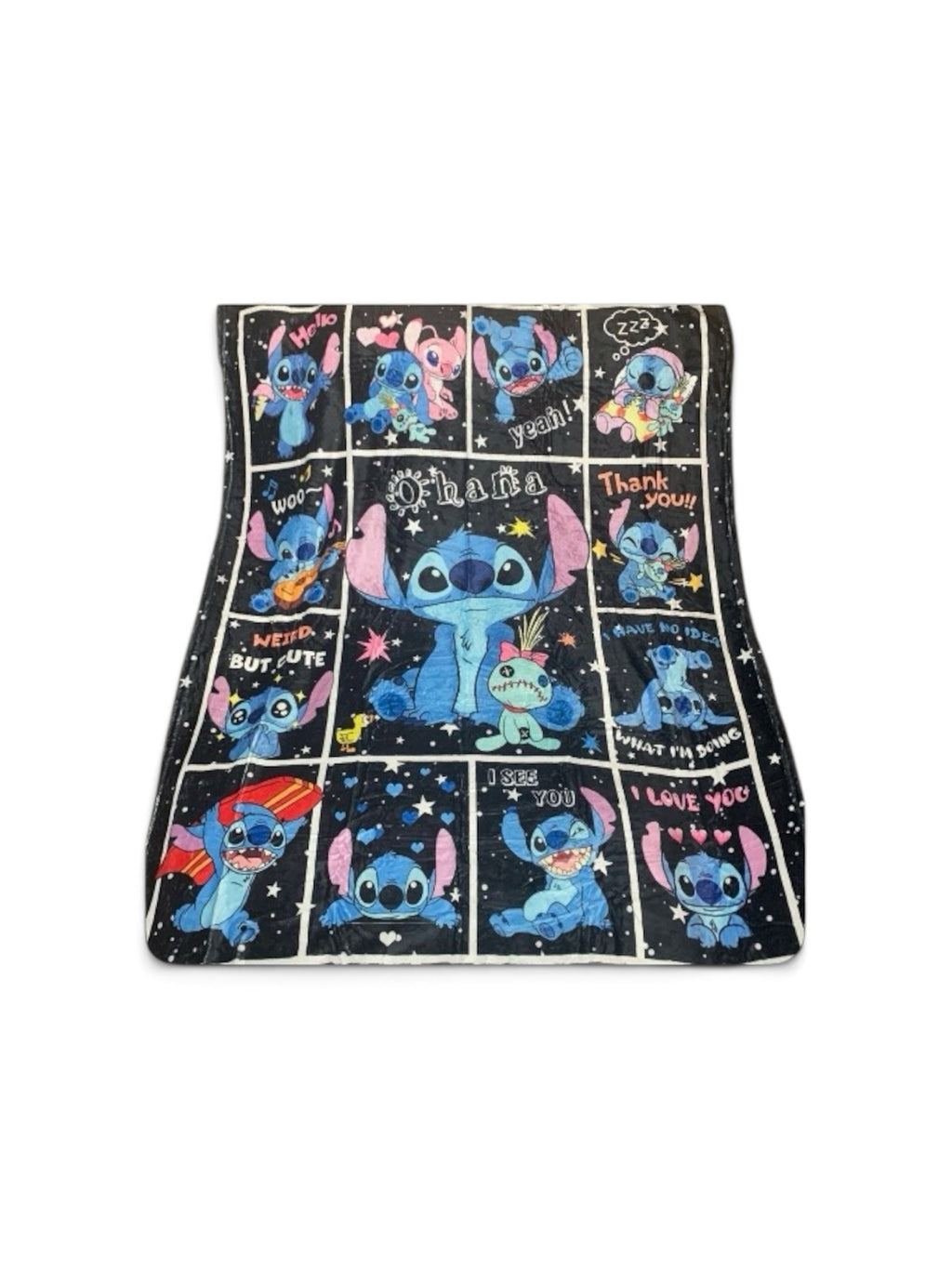 Premier Fusion by Jalinity LLC plush throw blanket featuring a black background with multi-panel Stitch character art.